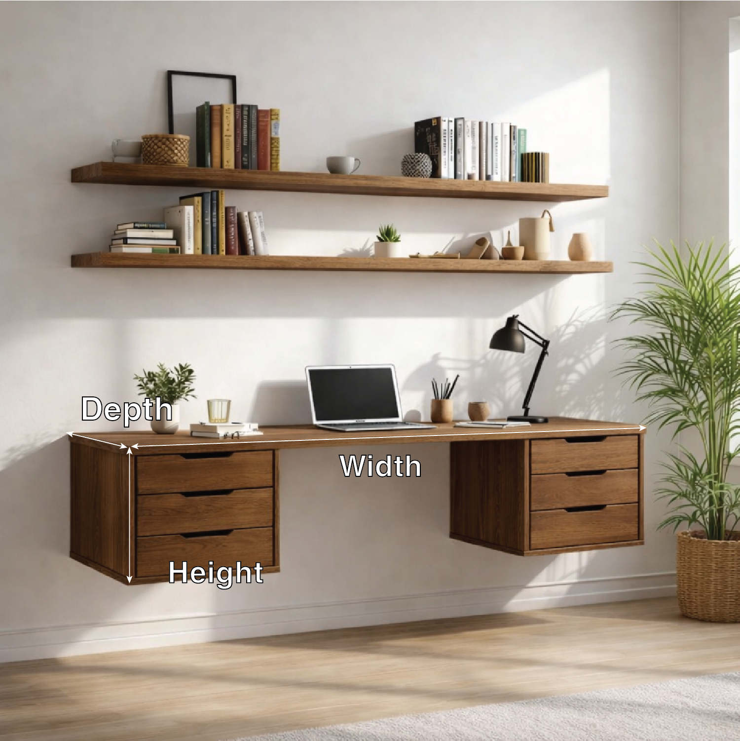 Floating Double Drawer Desk with Shelves – Light Oak Minimal Workspace