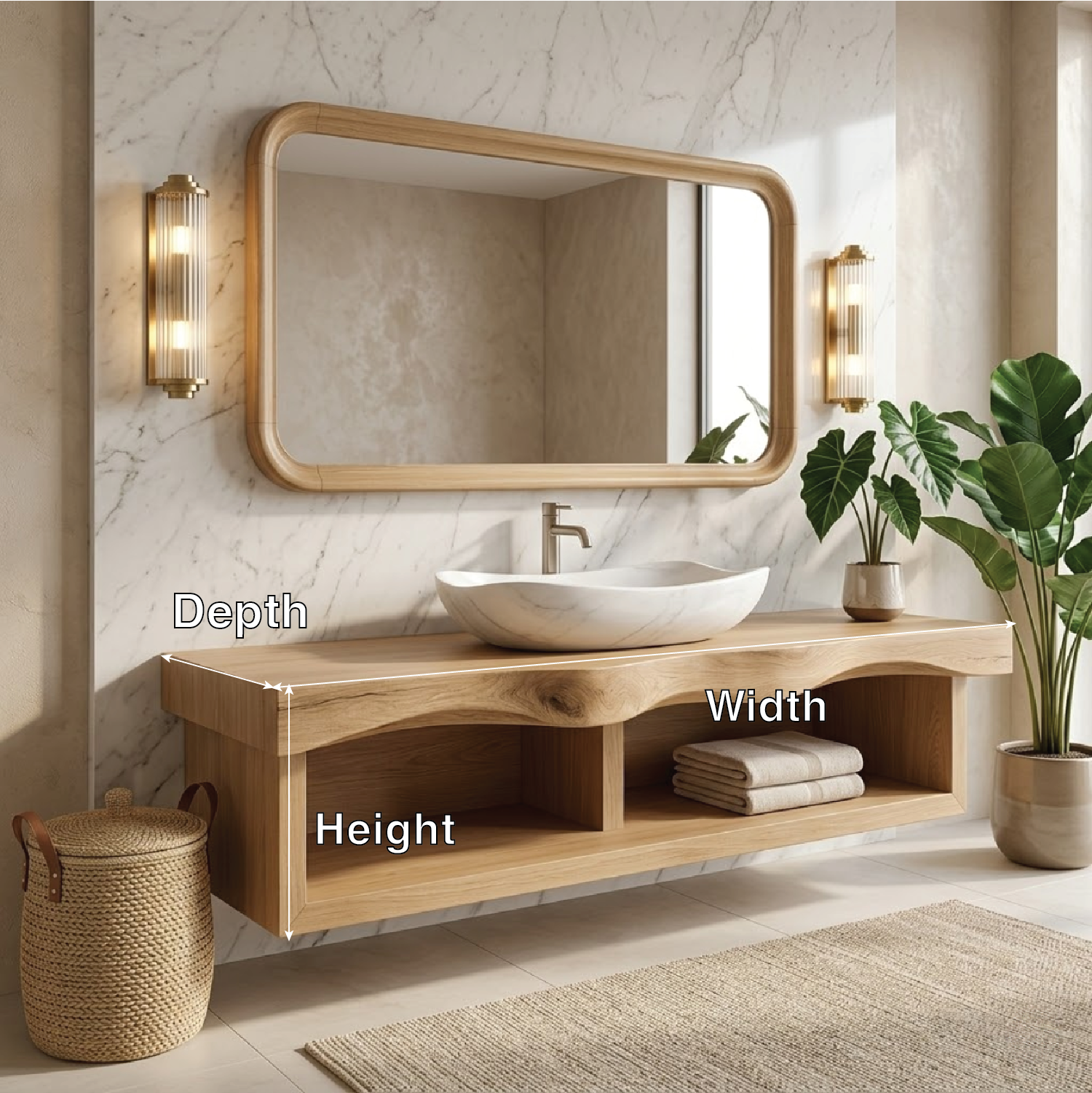 Floating Vanity with Natural Walnut Wood, Unique Curve Design and Open Shelf
