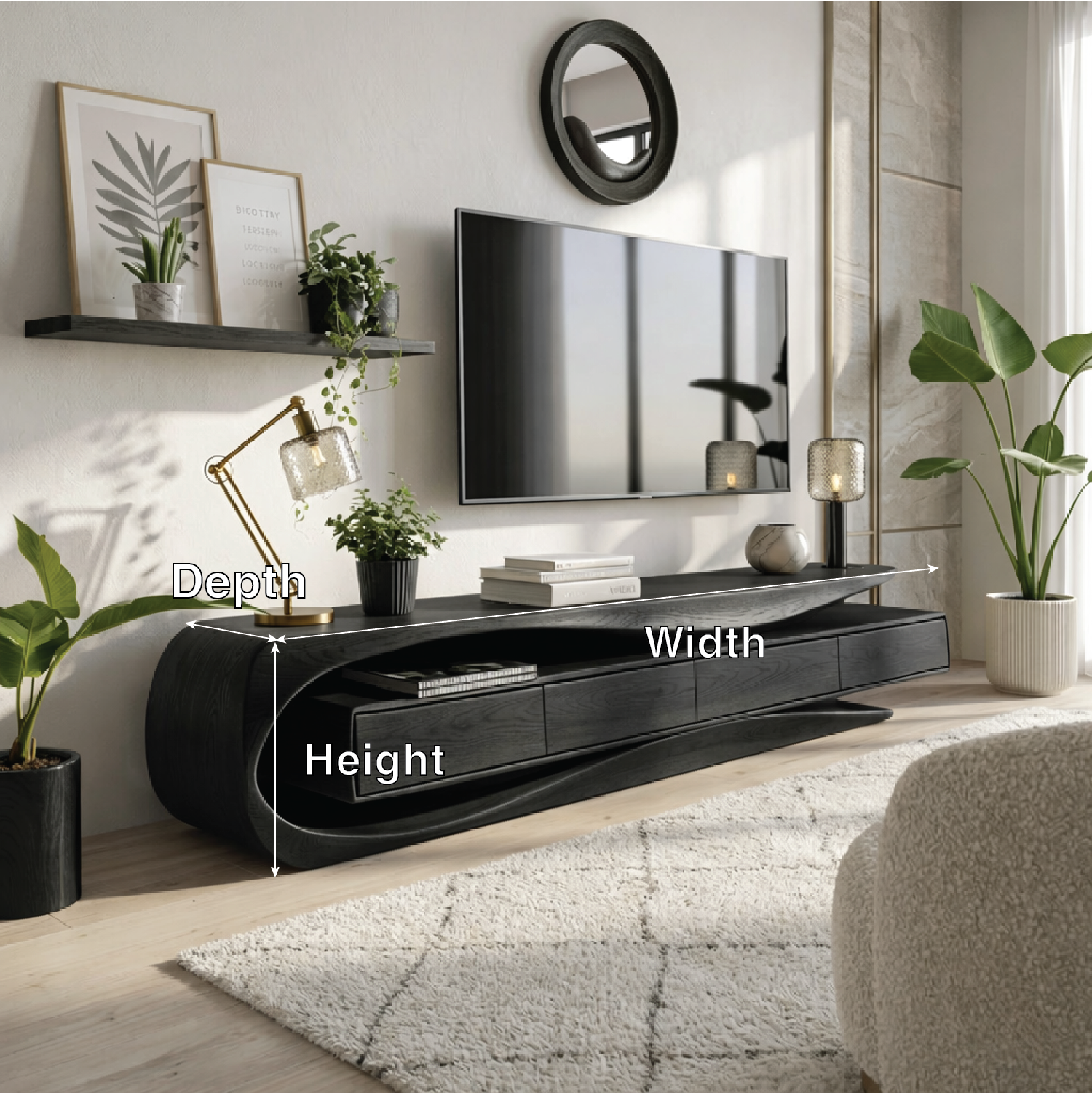 Solid Wood TV Stand with Curved Frame, Modern Low Profile Media Console