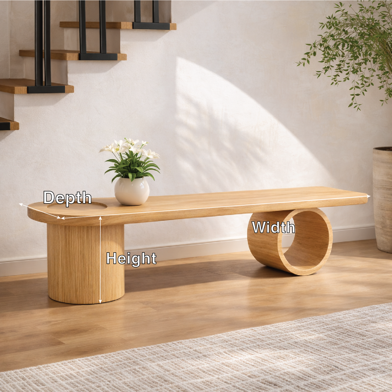 Modern Solid Oak Sculptural Bench, Minimalist Geometric Statement Seat