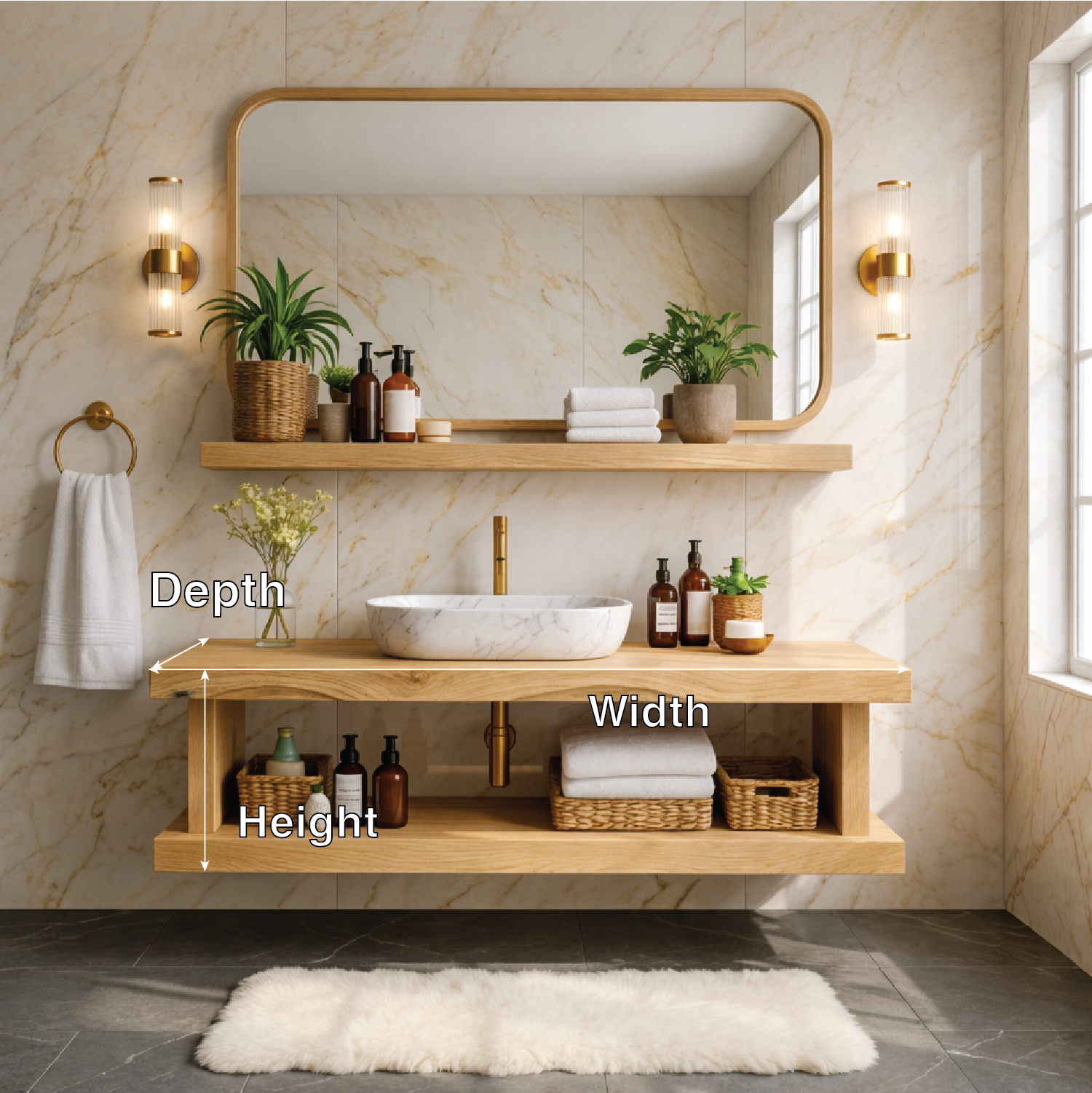 Floating Bathroom Vanity with Natural Wood Shelf Storage and Modern Wall Mounted Design