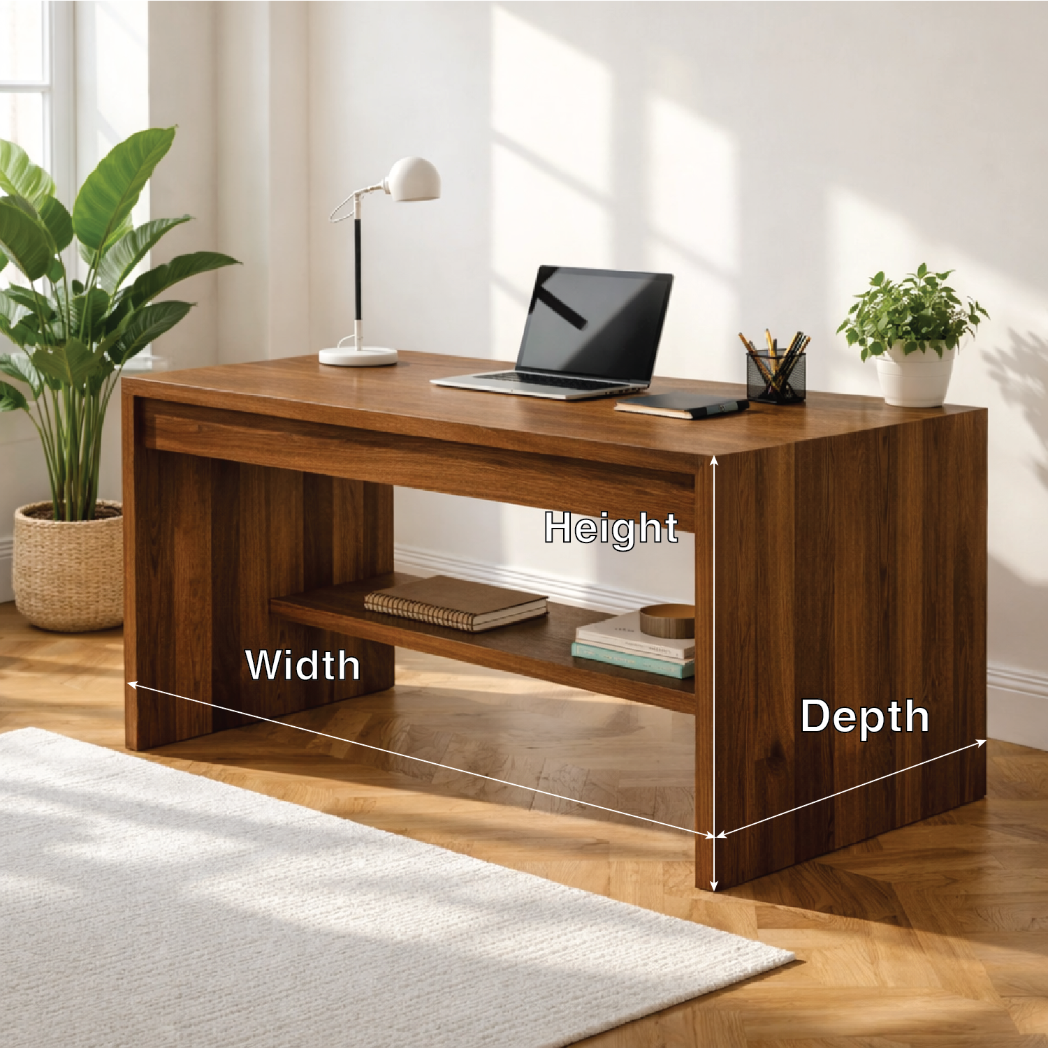 Solid Oak Work Desk with Open Shelf, Handmade Modern Wooden Writing Table