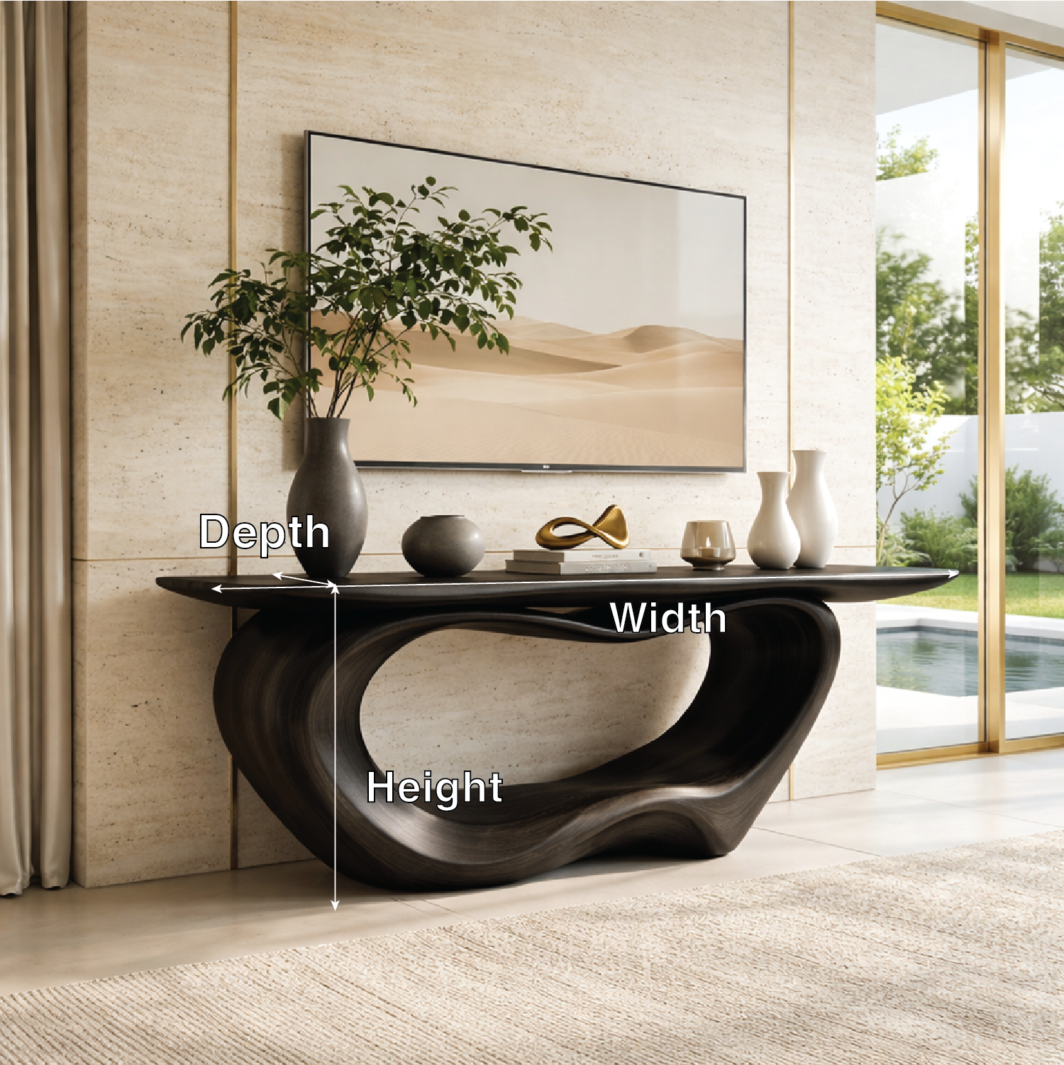 Solid Wood Console Table with Sculpted Base, Modern Minimalist Design