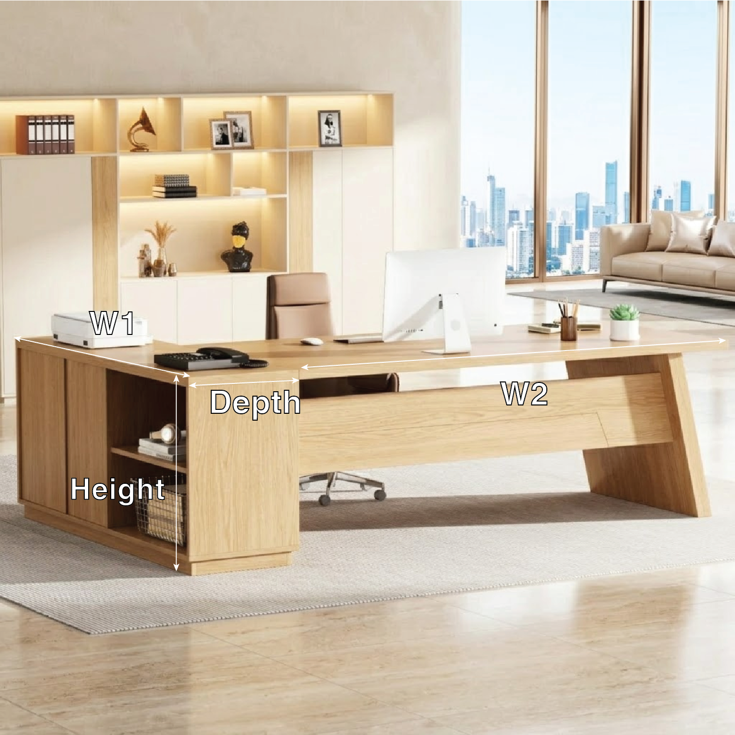 L Shaped Executive Desk with Storage, Modern Corner Office Table for Home Office Study