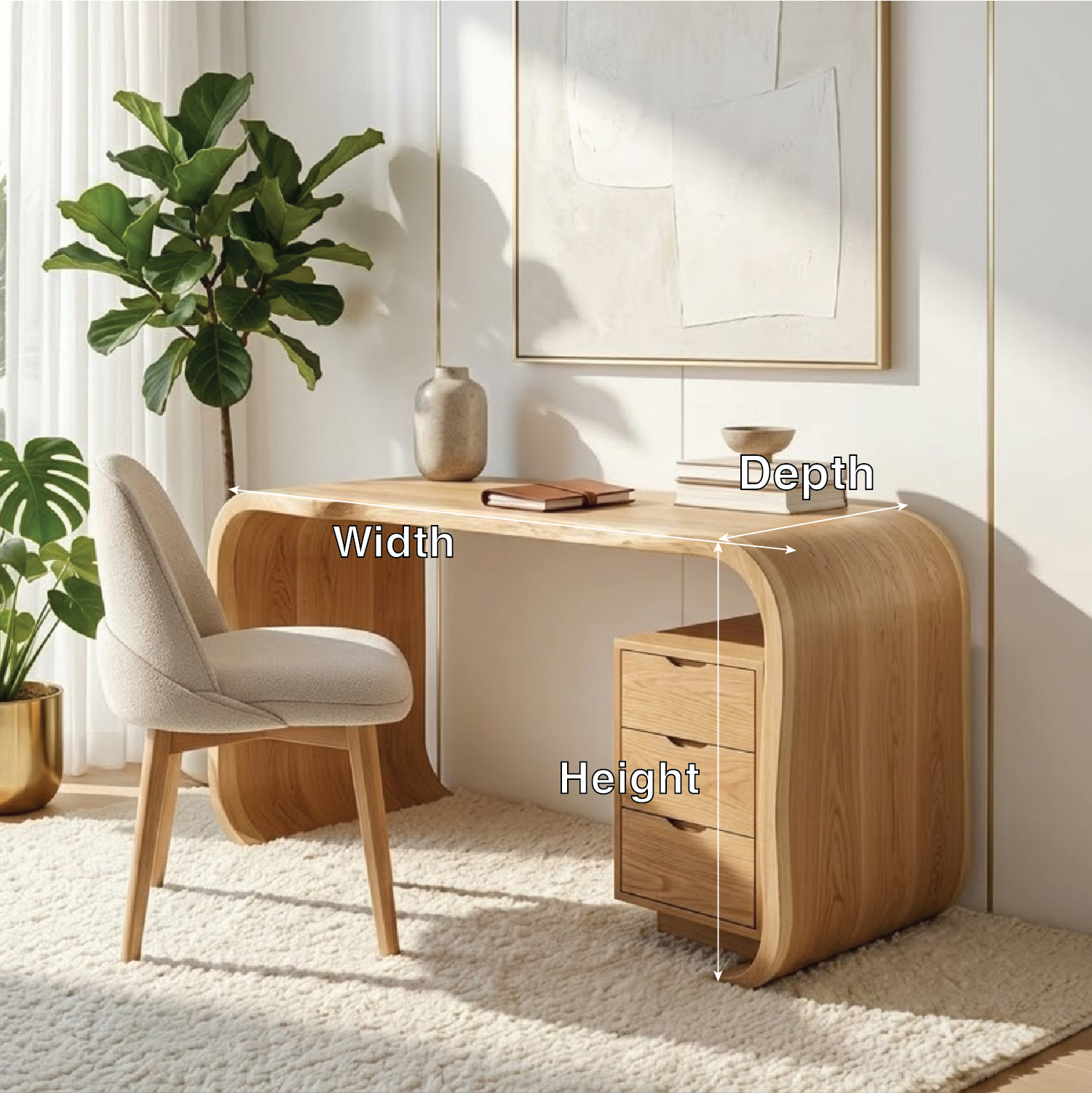 Curved Writing Desk with Drawer Storage Modern Home Office Table Minimal Workstation