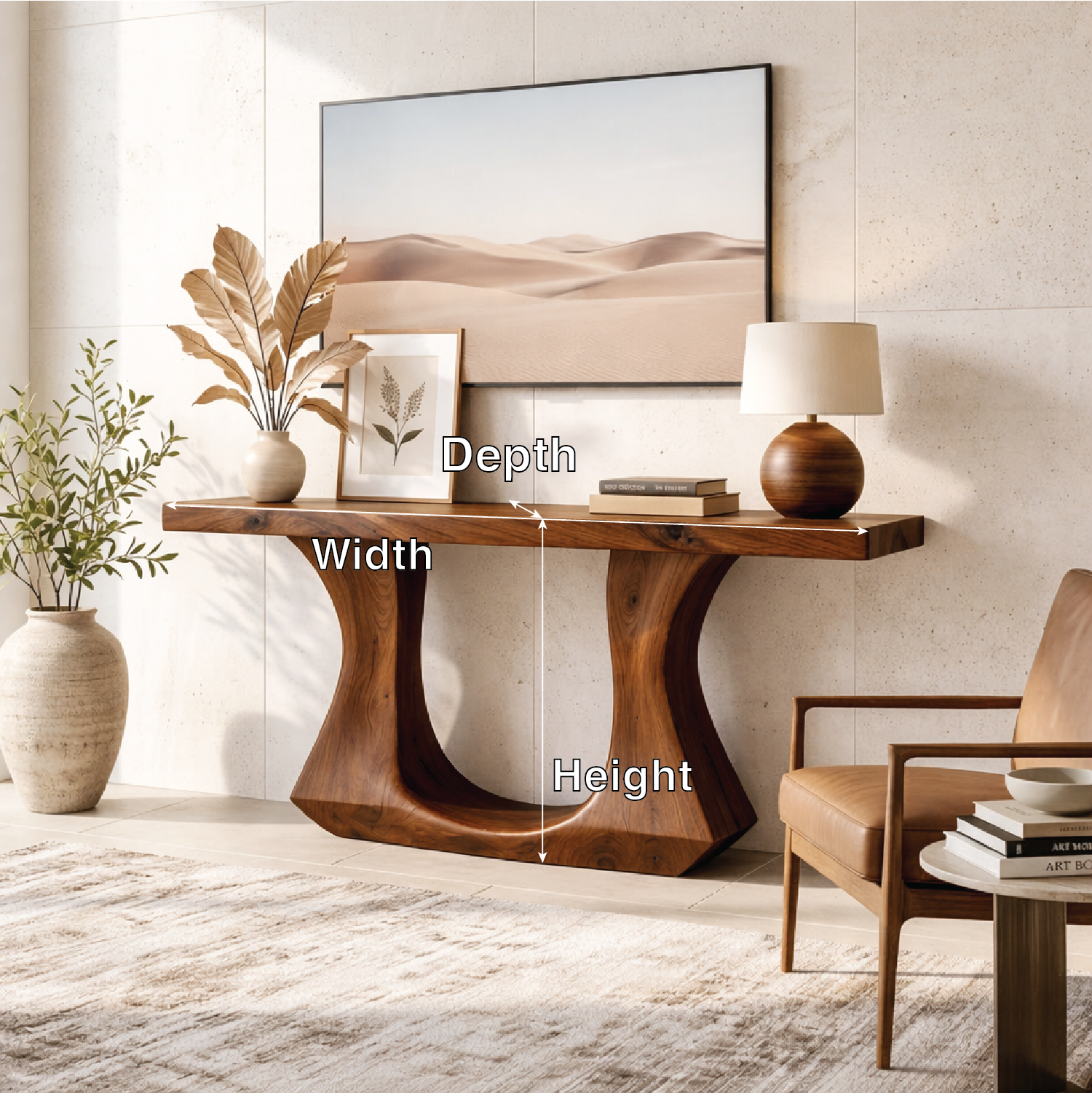 Solid Wood Console Table with Sculptural Curved Base, Modern Art Design