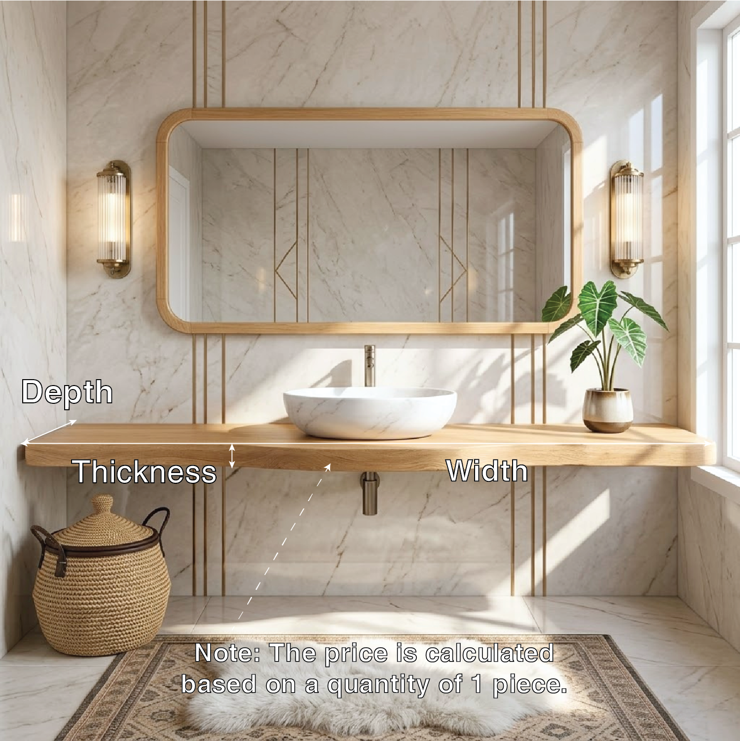 Floating Vanity with Wooden Base, White Stone Sink, and Elegant Design