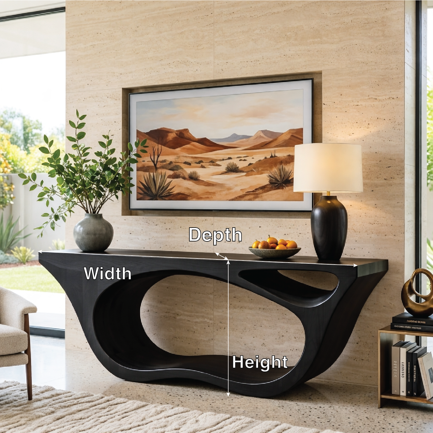 Solid Wood Console Table with Sculpted Open Base, Modern Organic Design