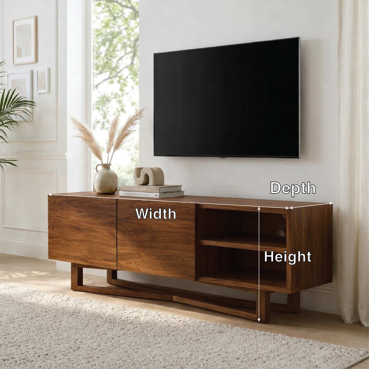 Solid Wood TV Stand with Shelves, Minimalist Entertainment Media Console Cabinet