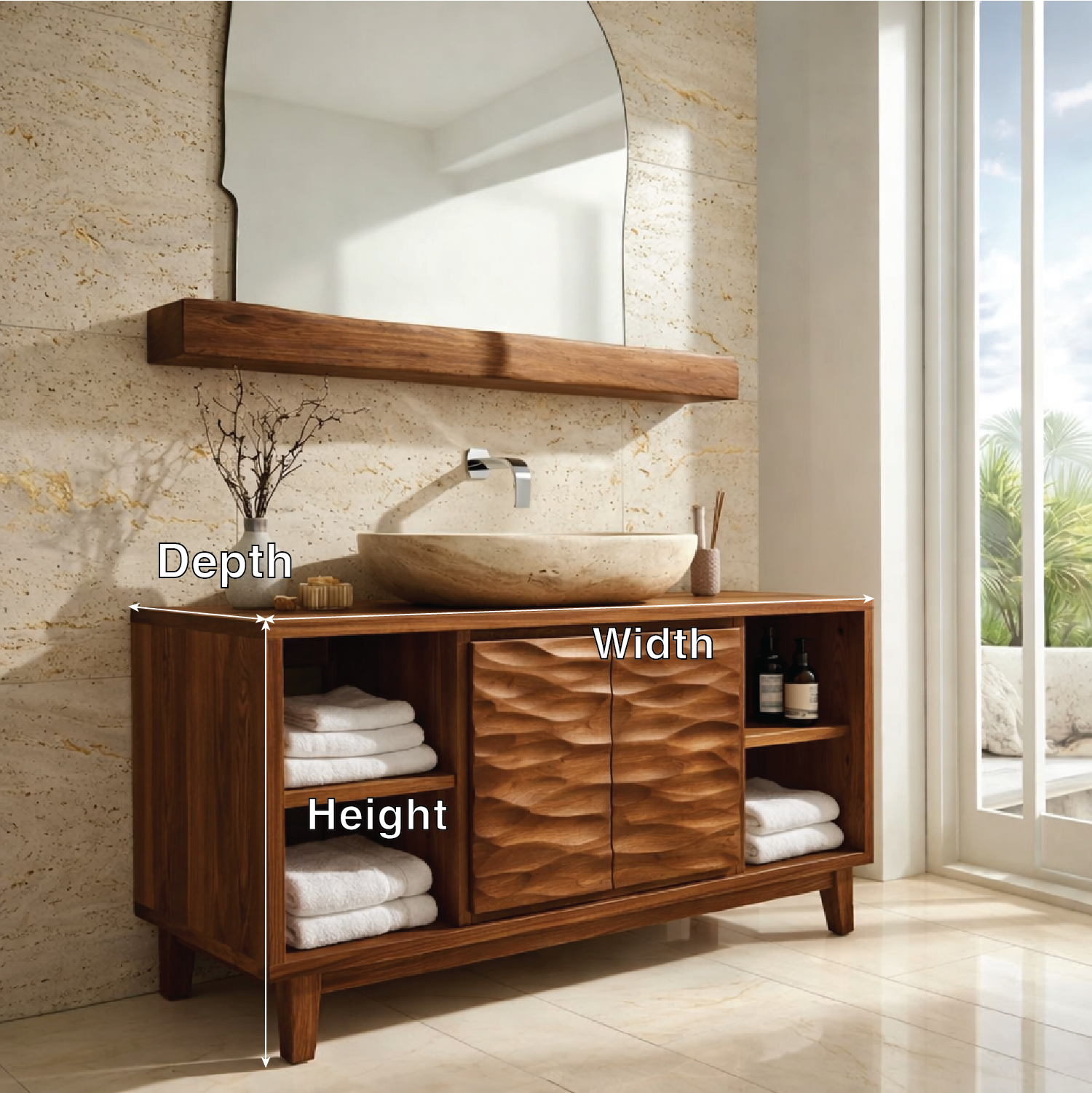 Contemporary Solid Wood Bathroom Vanity with Textured Cabinet Doors and Shelving