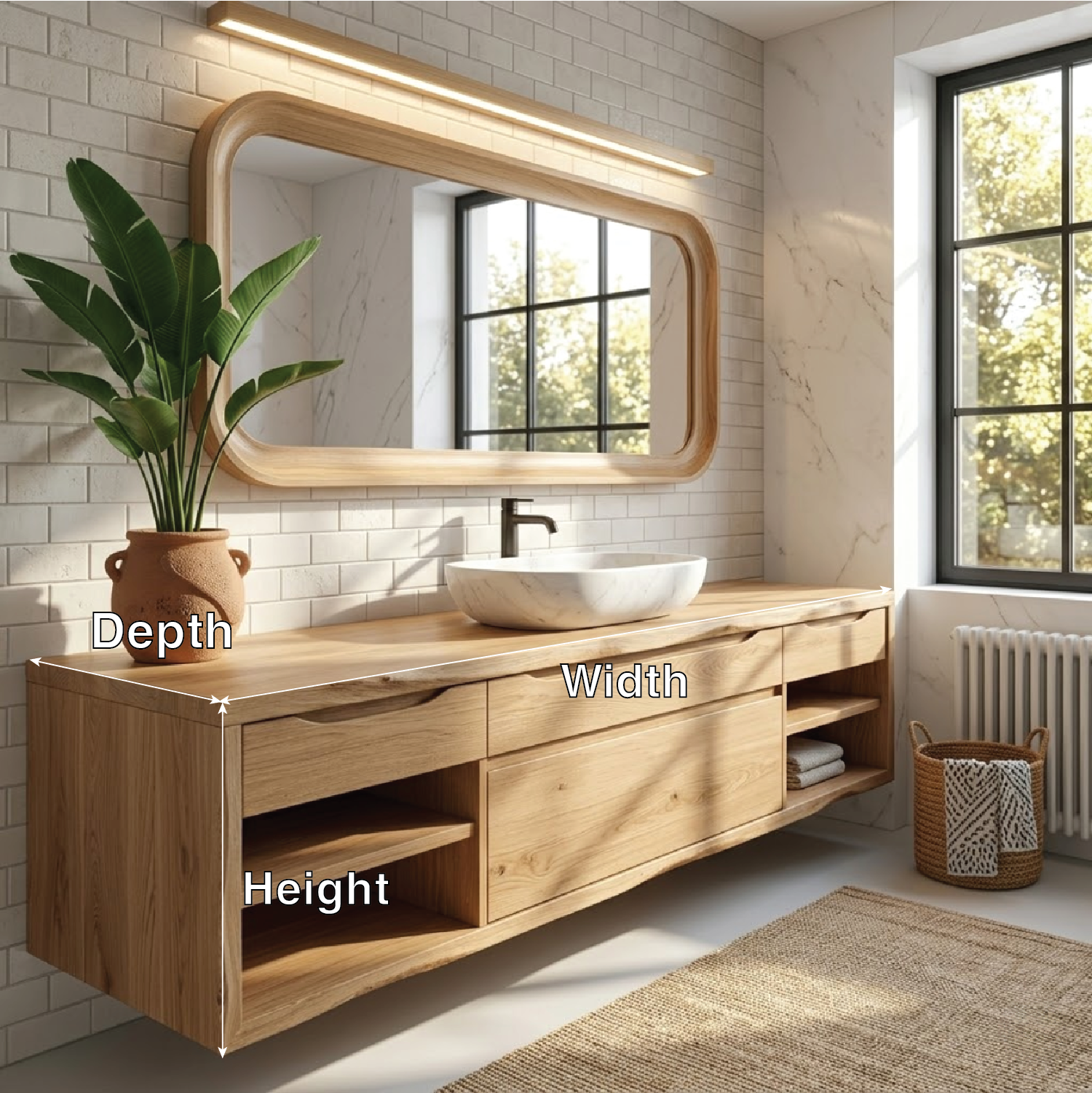 Oak Floating Vanity with Modern Design, Spacious Storage, and Sleek Marble Basin