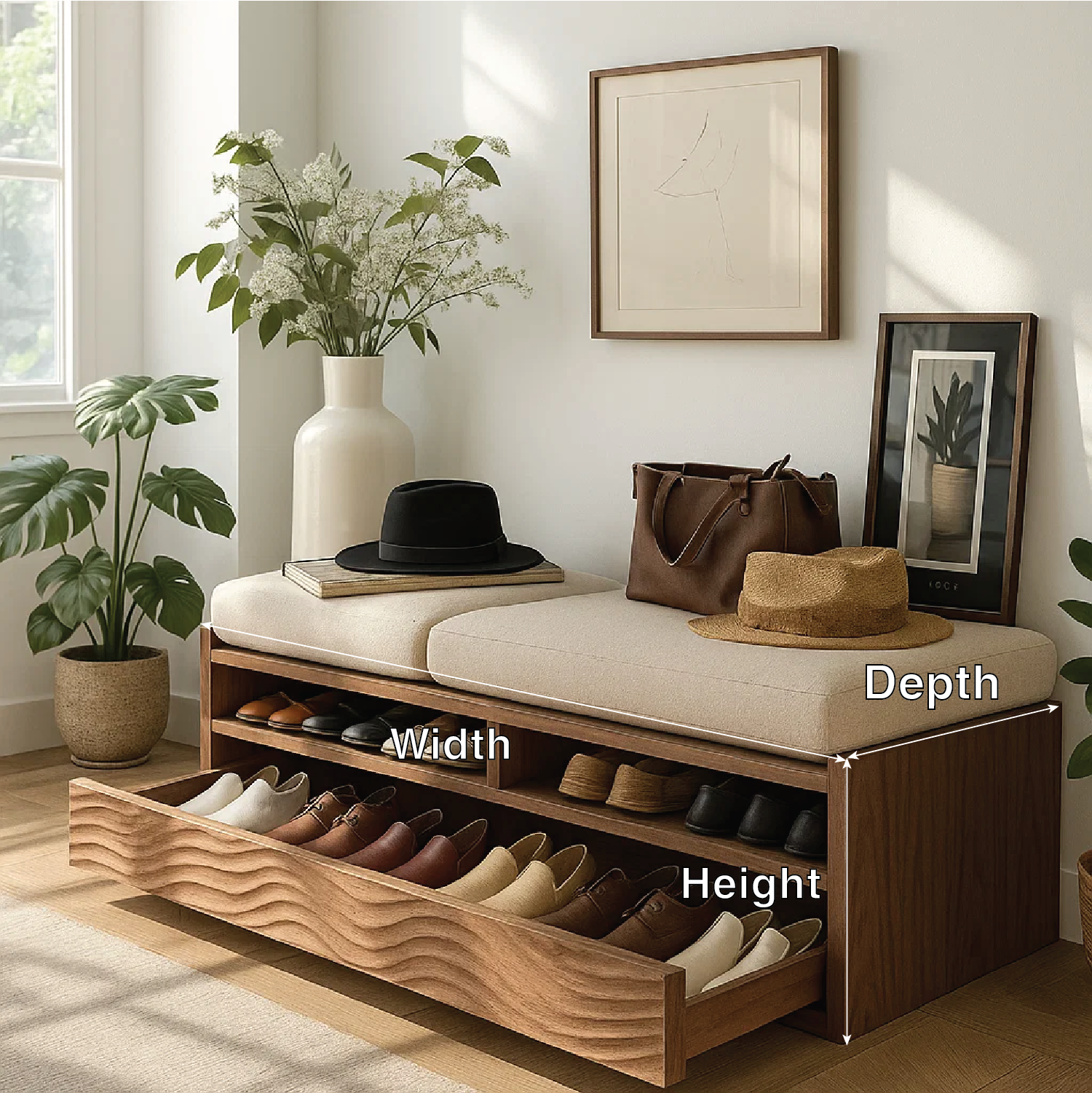 Solid Wood Entryway Bench with Storage Cubbies, Rustic Hallway Organizer Seat