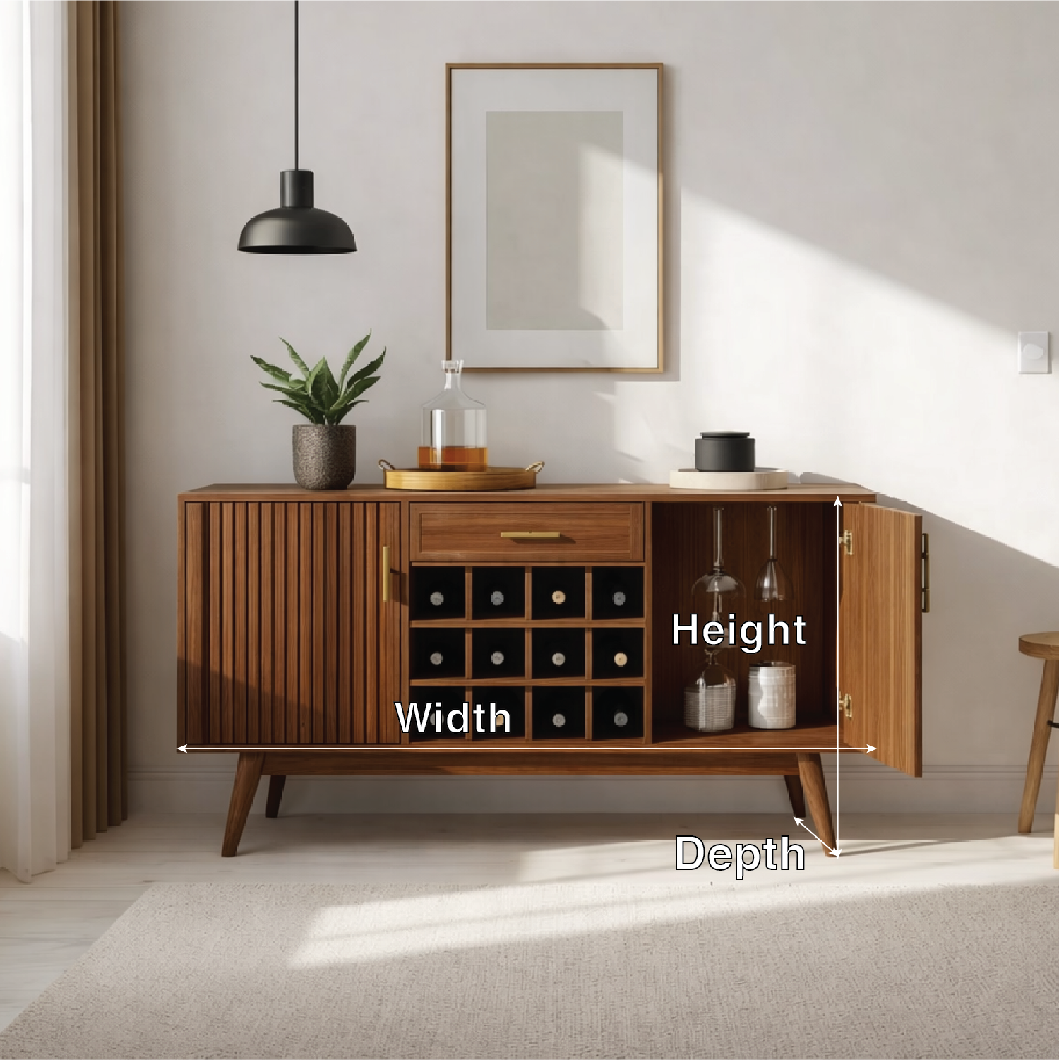 Mid Century Solid Wood Wine Cabinet with Rack and Bar Storage Unit