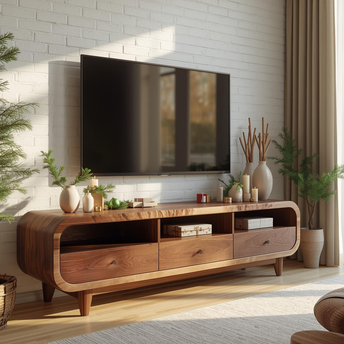 Mid Century Walnut TV Stand Solid Wood Media Console Modern Entertainment Center Cabinet