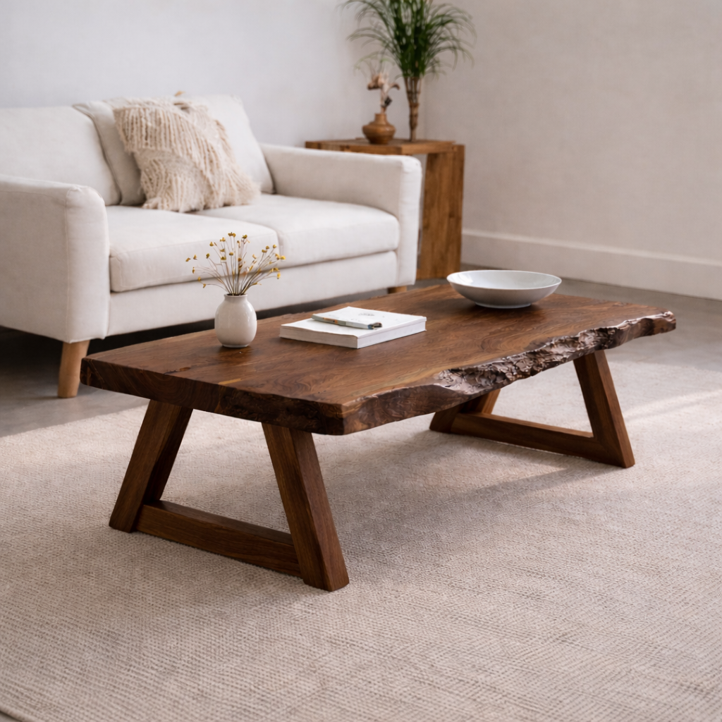 Handcrafted Live Edge Wood Coffee Table – Solid Wood Rustic Center Table