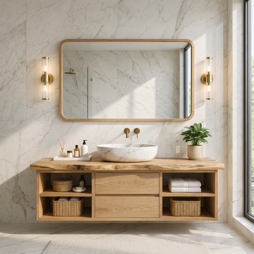 Floating Bathroom Vanity with Natural Wood and Modern Design, Spacious Storage