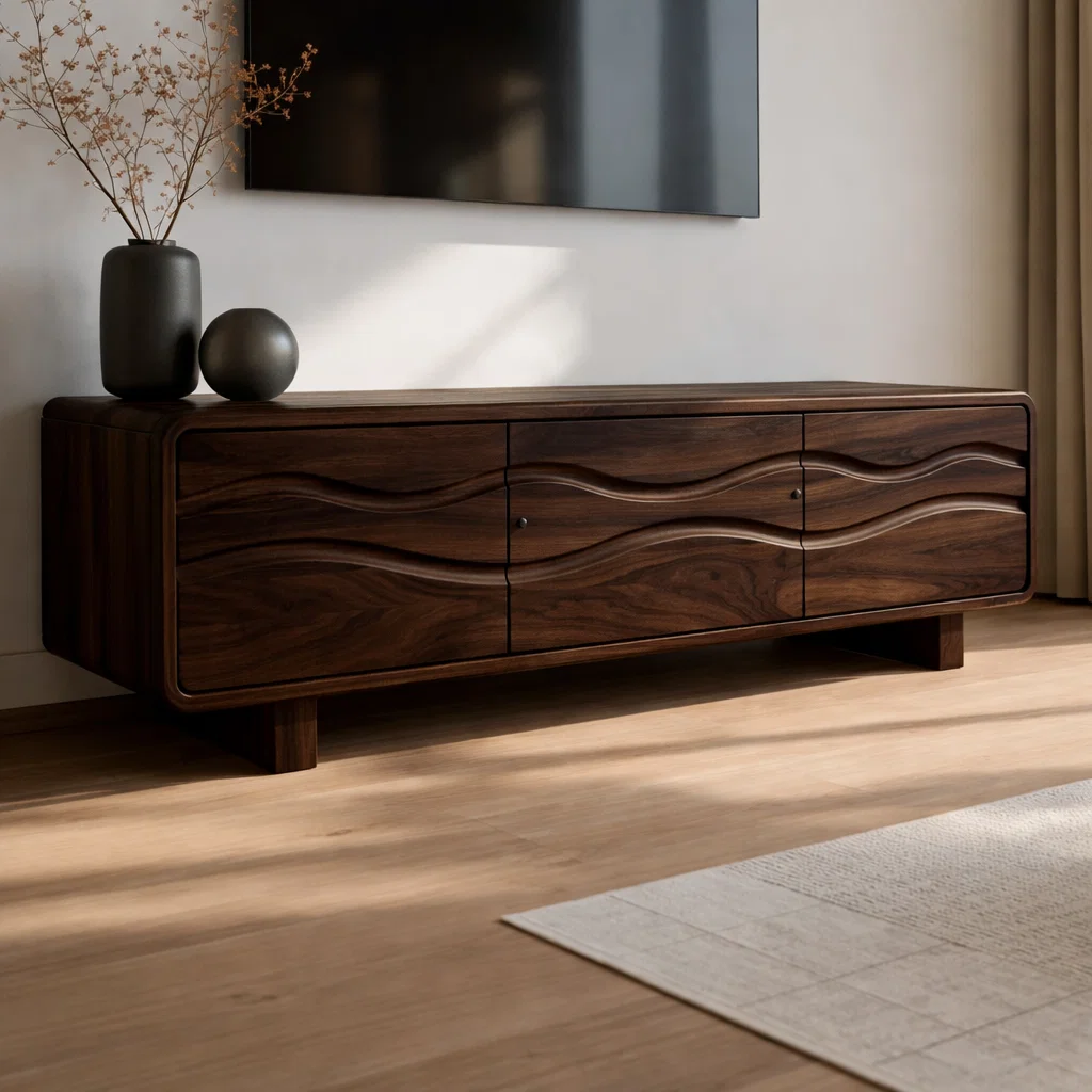 Solid Wood Wave Front TV Cabinet – Modern Low Media Console with Storage Doors