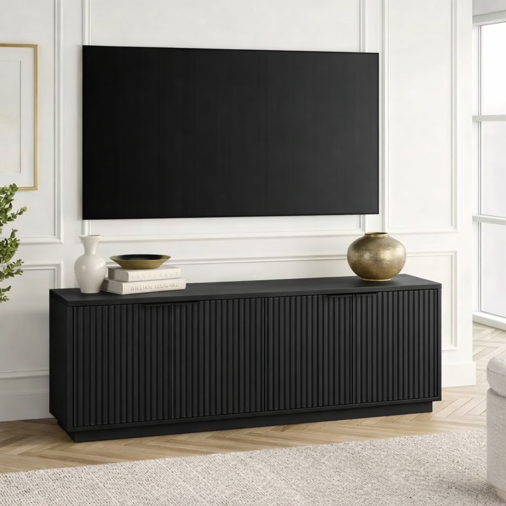 Fluted Solid Wood TV Stand Modern Low Profile Media Console with Hidden Storage