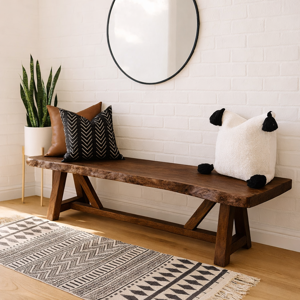 Live Edge Solid Wood Bench, Rustic Farmhouse Entryway Dining Seat