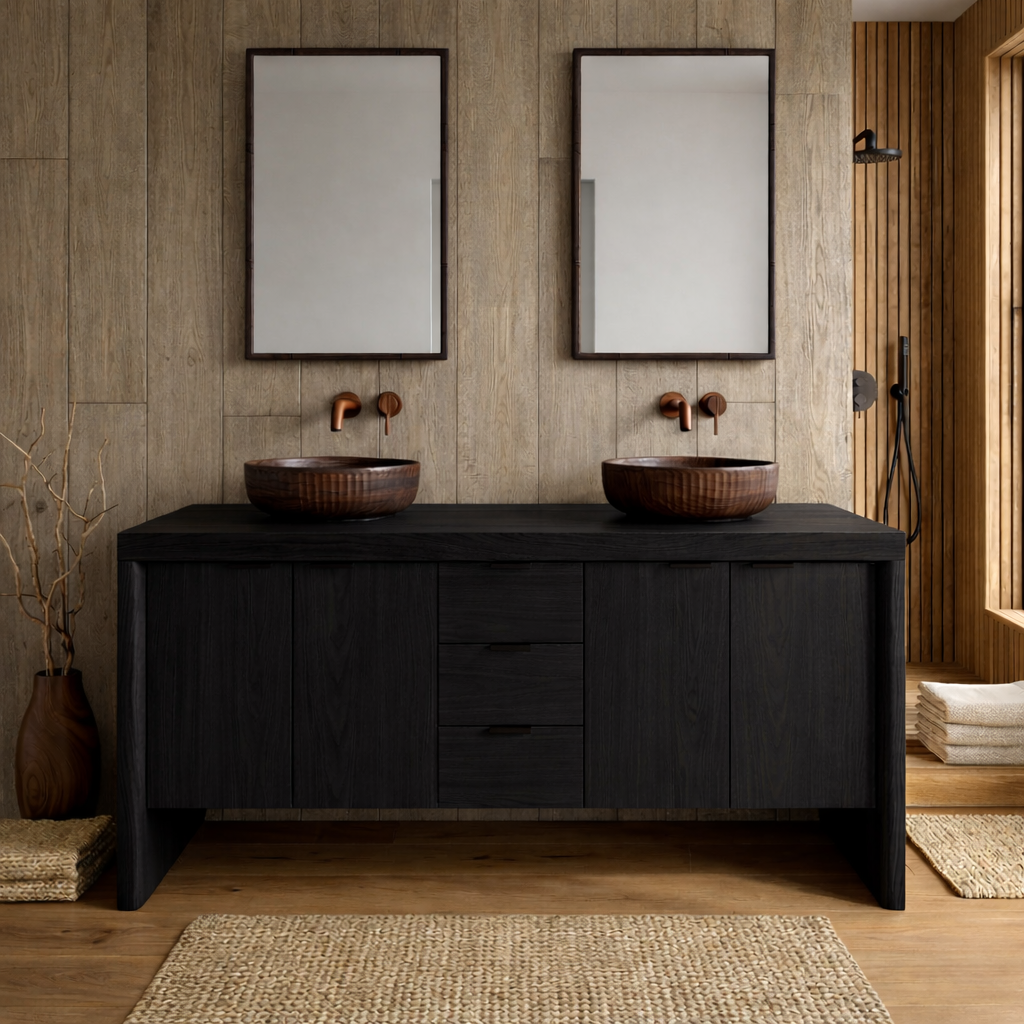 Modern Double Wood Bathroom Vanity | Natural Floating Sink Base