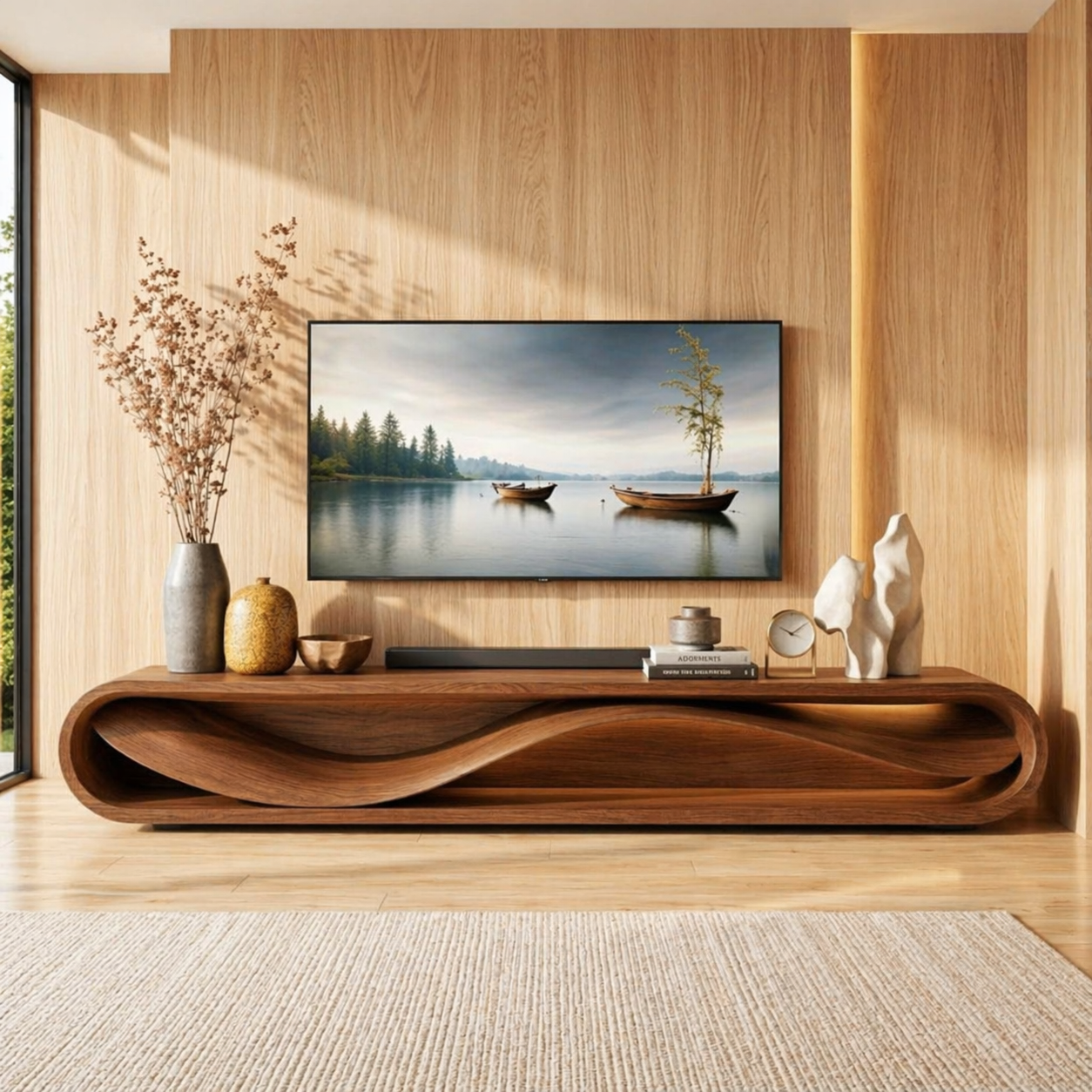 Modern Wave Television Console, Sculptural Entertainment Stand for Elegant Interiors