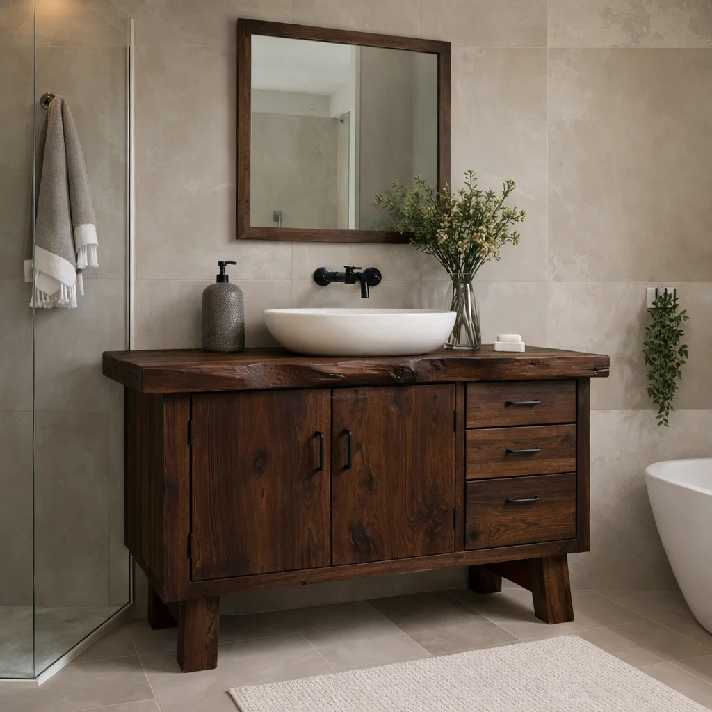 Rustic Solid Wood Bathroom Vanity Cabinet with Drawers & Doors