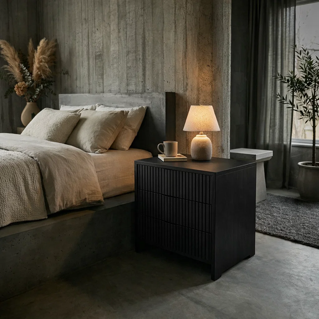 Solid Wood Nightstand with 3 Drawers – Modern Slatted Bedside Table Storage