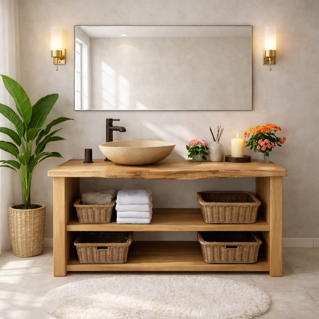 Rustic Wooden Bathroom Vanity with Open Shelves and Modern Faucet