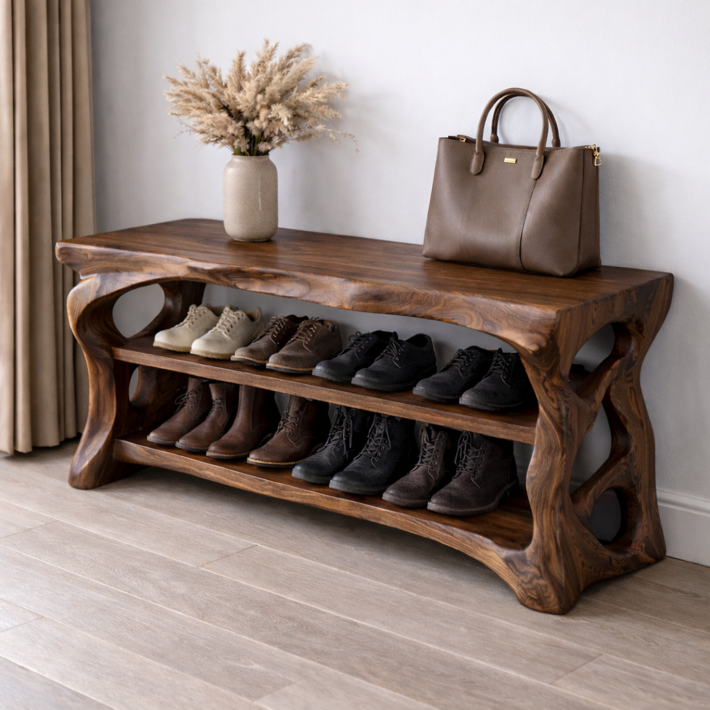 Solid Wood Entryway Bench with Shoe Storage Shelf – Rustic Natural Wood Shoe Rack