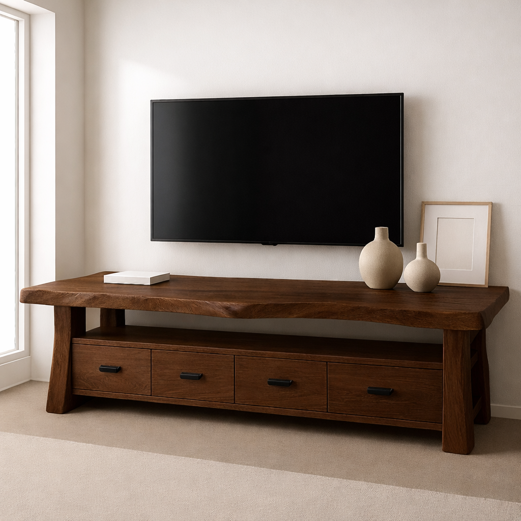 Solid Wood TV Stand with Drawers and Live Edge Top Rustic Entertainment Center