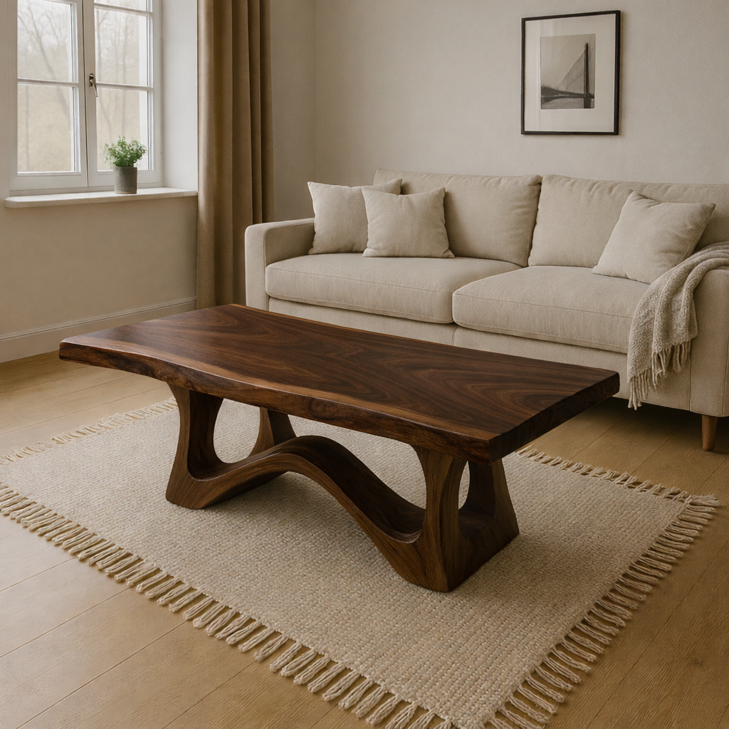 Modern Wooden Coffee Table with Curved Base – Solid Wood Living Room Center Table