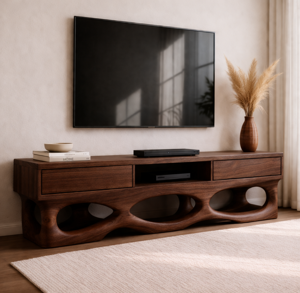 Solid Wood TV Cabinet with Sculptural Base and Storage Drawers