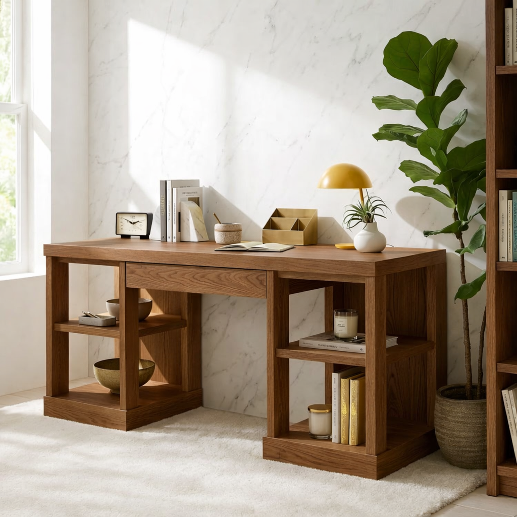 Modern Home Office Desk with Open Shelves Storage Writing Table Workspace Organizer