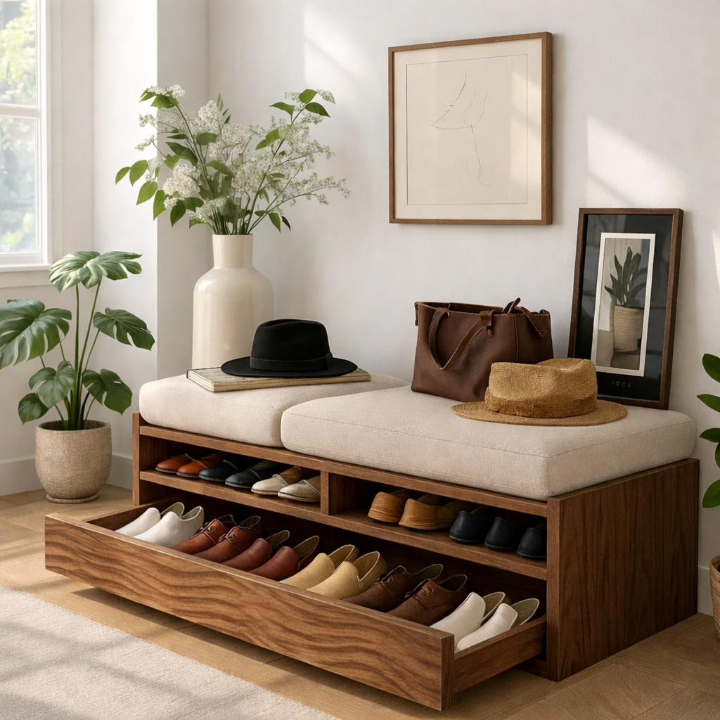 Solid Wood Entryway Bench with Storage Cubbies, Rustic Hallway Organizer Seat