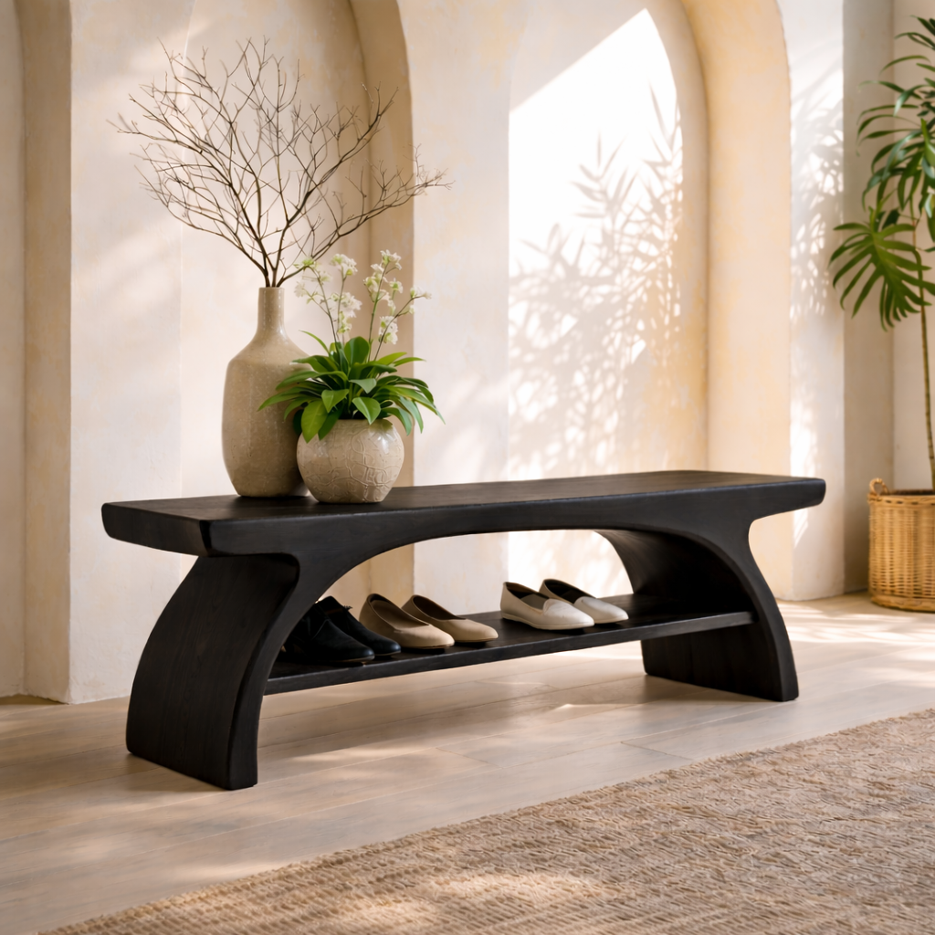 Sculptural Solid Wood Entryway Bench with Open Shoe Shelf