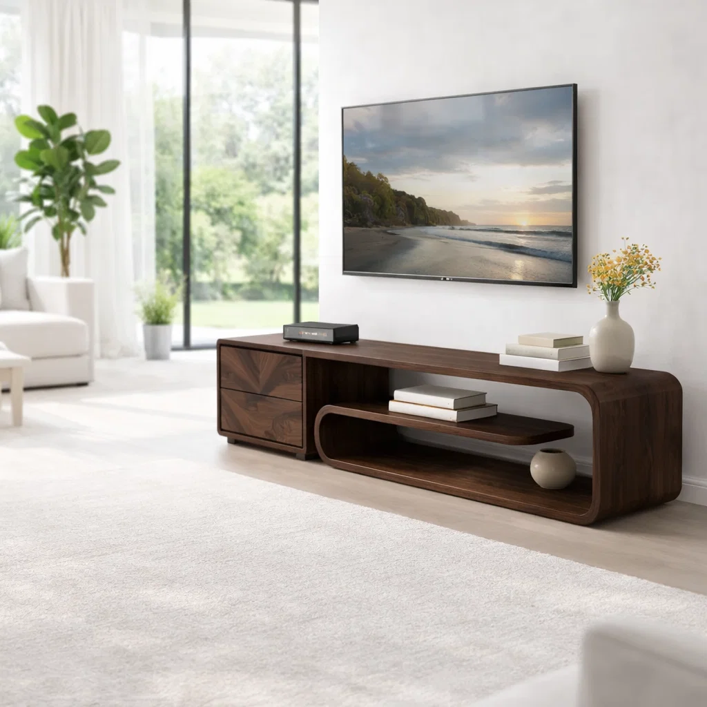 Solid Wood Media Console with Curved Shelf & Drawer, Modern Low TV Stand