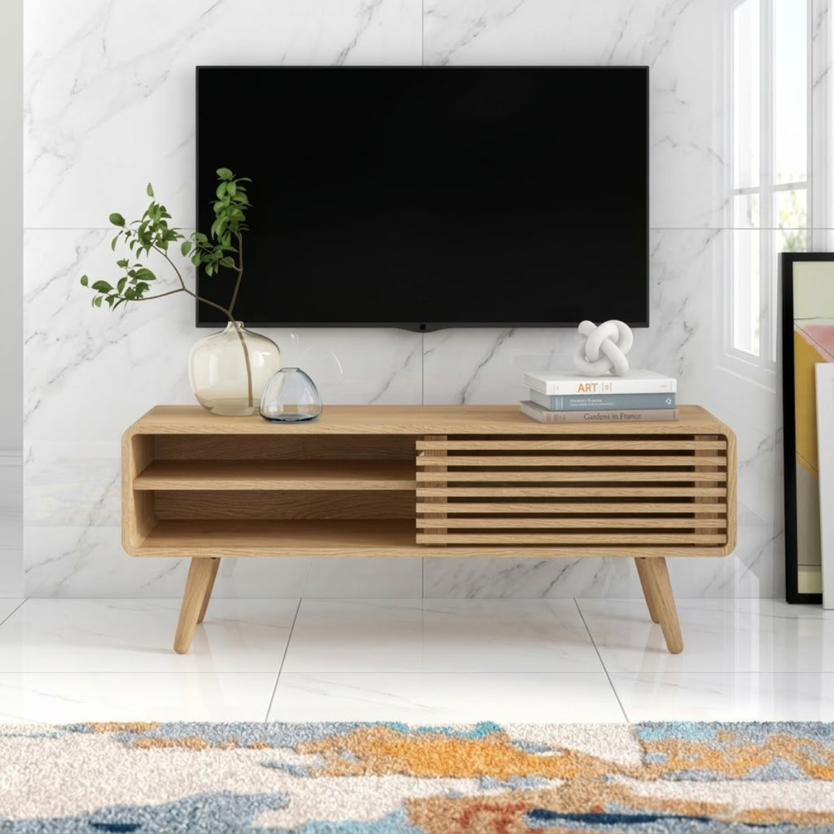 Modern Solid Wood TV Stand with Slatted Door Open Shelf Mid Century Media Console