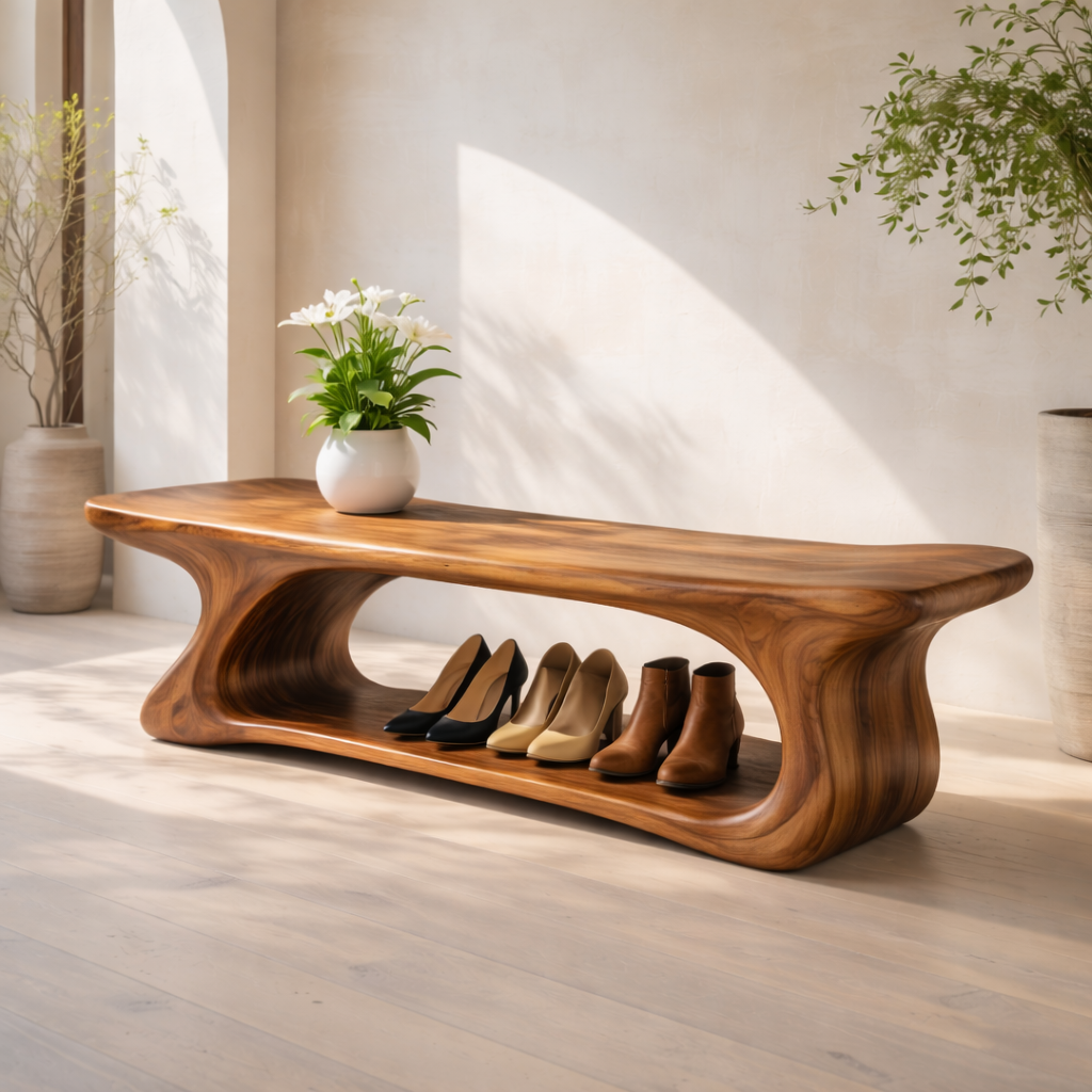 Sculptural Solid Wood Storage Bench, Modern Organic Entryway Shoe Bench