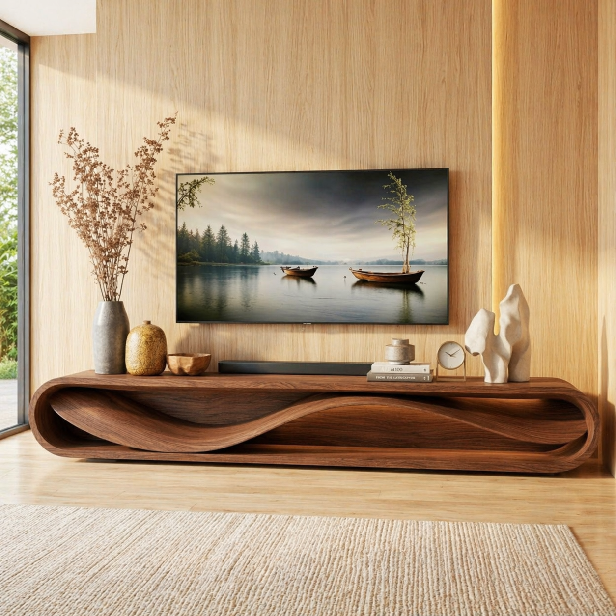 Modern Wave Television Console, Sculptural Entertainment Stand for Elegant Interiors