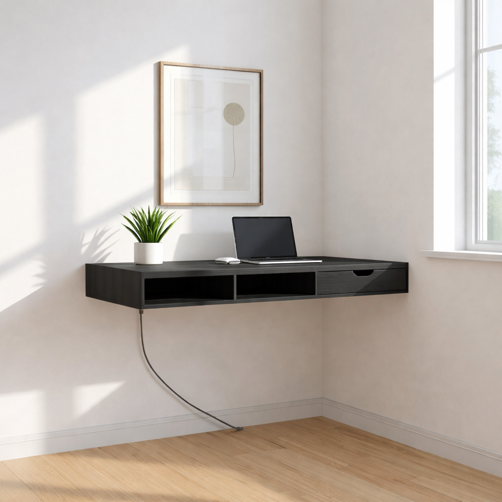 Floating Corner Desk – Minimal Walnut Wall Workstation