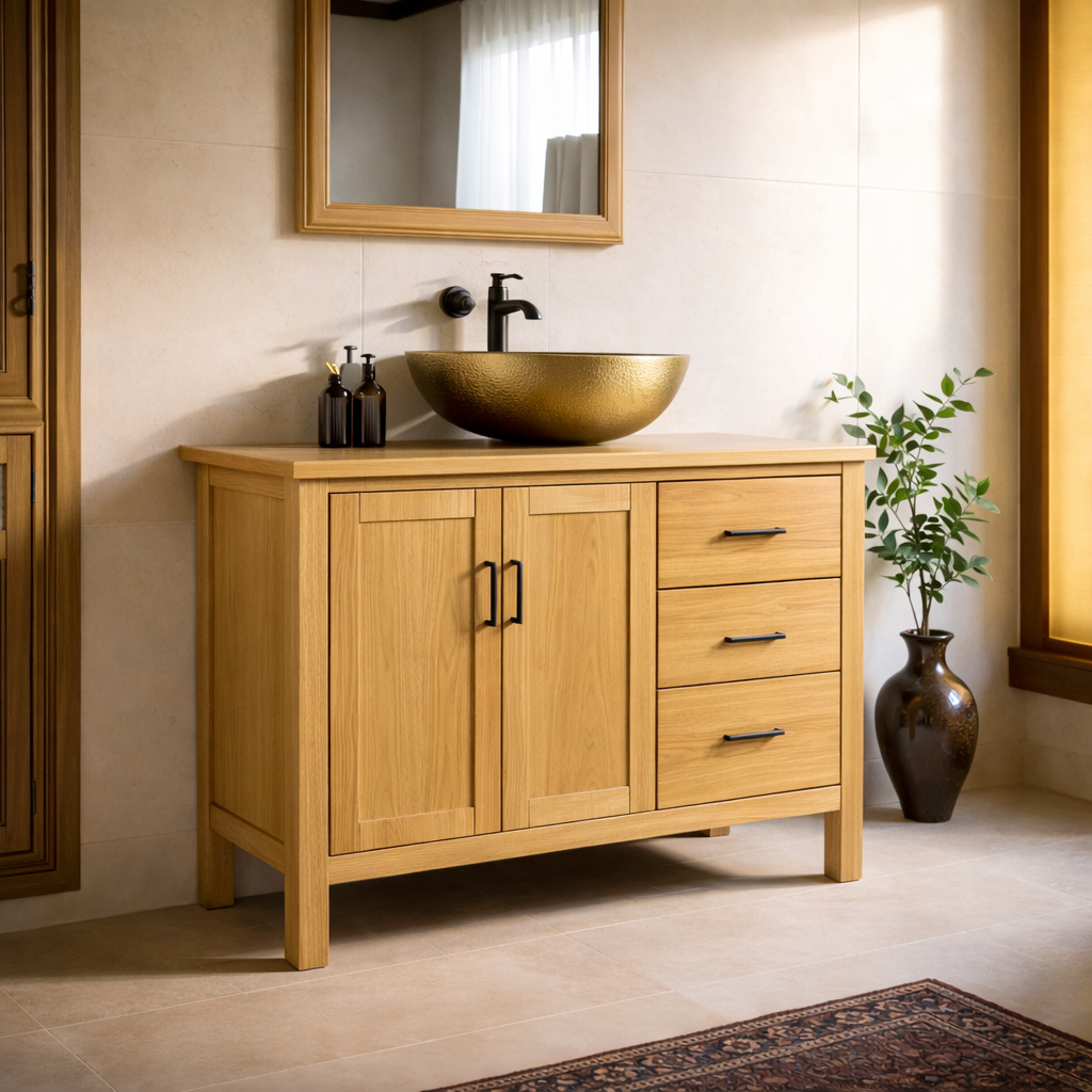 Solid Wood Bathroom Vanity with 3 Drawers and Double Door Cabinet for Storage