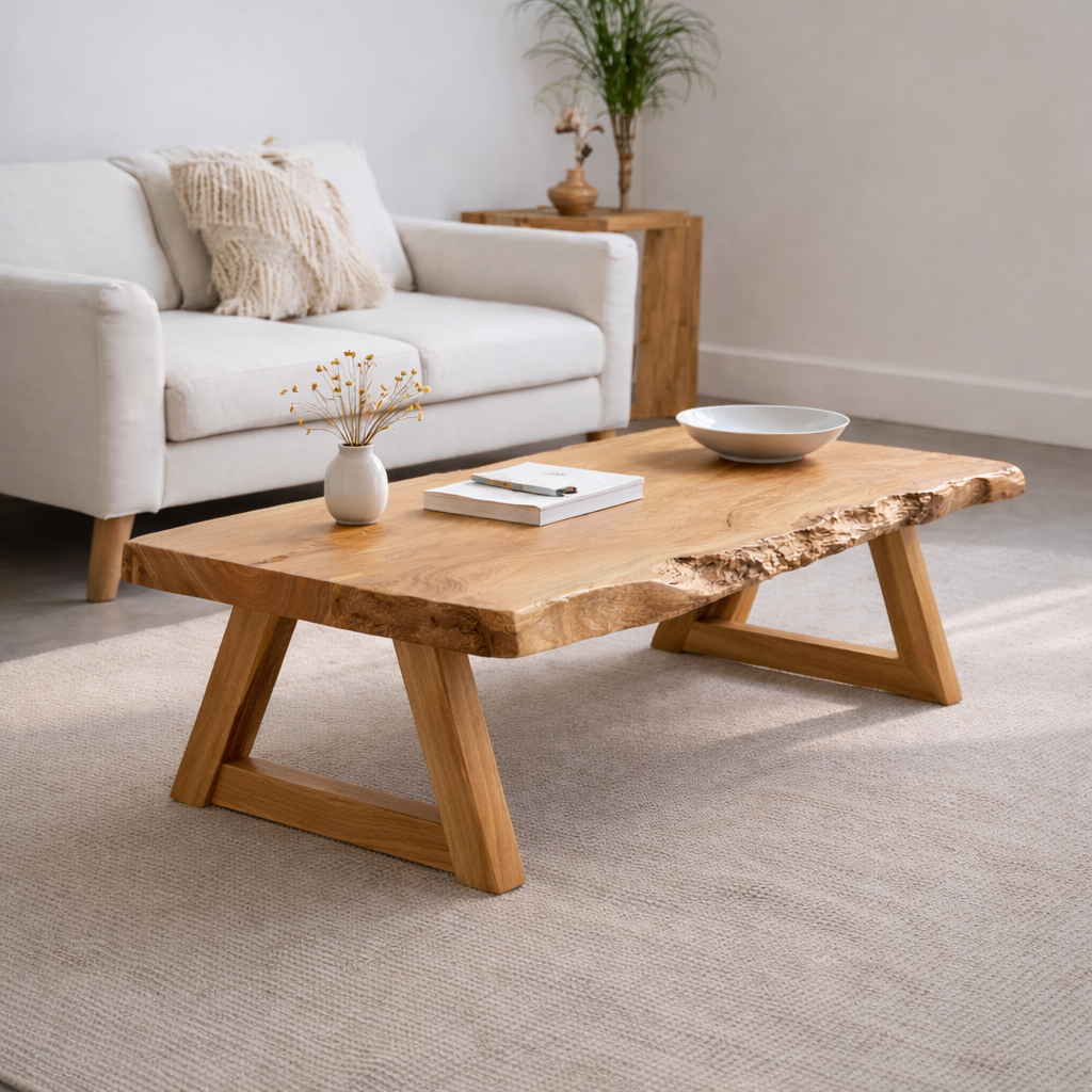 Handcrafted Live Edge Wood Coffee Table – Solid Wood Rustic Center Table