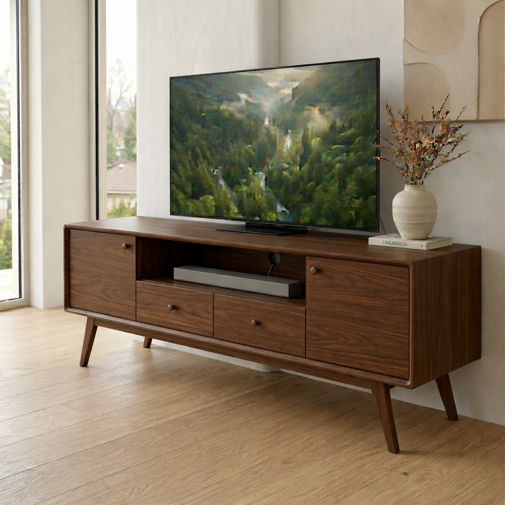 Mid Century Solid Wood Media Console – Modern TV Stand with Drawers & Storage