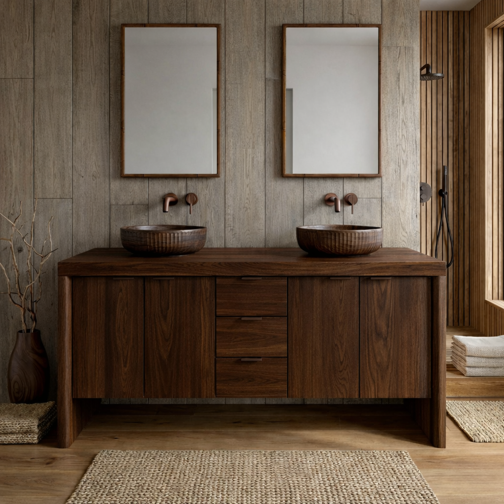Modern Double Wood Bathroom Vanity | Natural Floating Sink Base