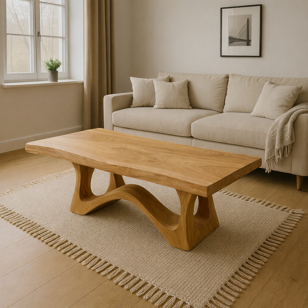 Modern Wooden Coffee Table with Curved Base – Solid Wood Living Room Center Table