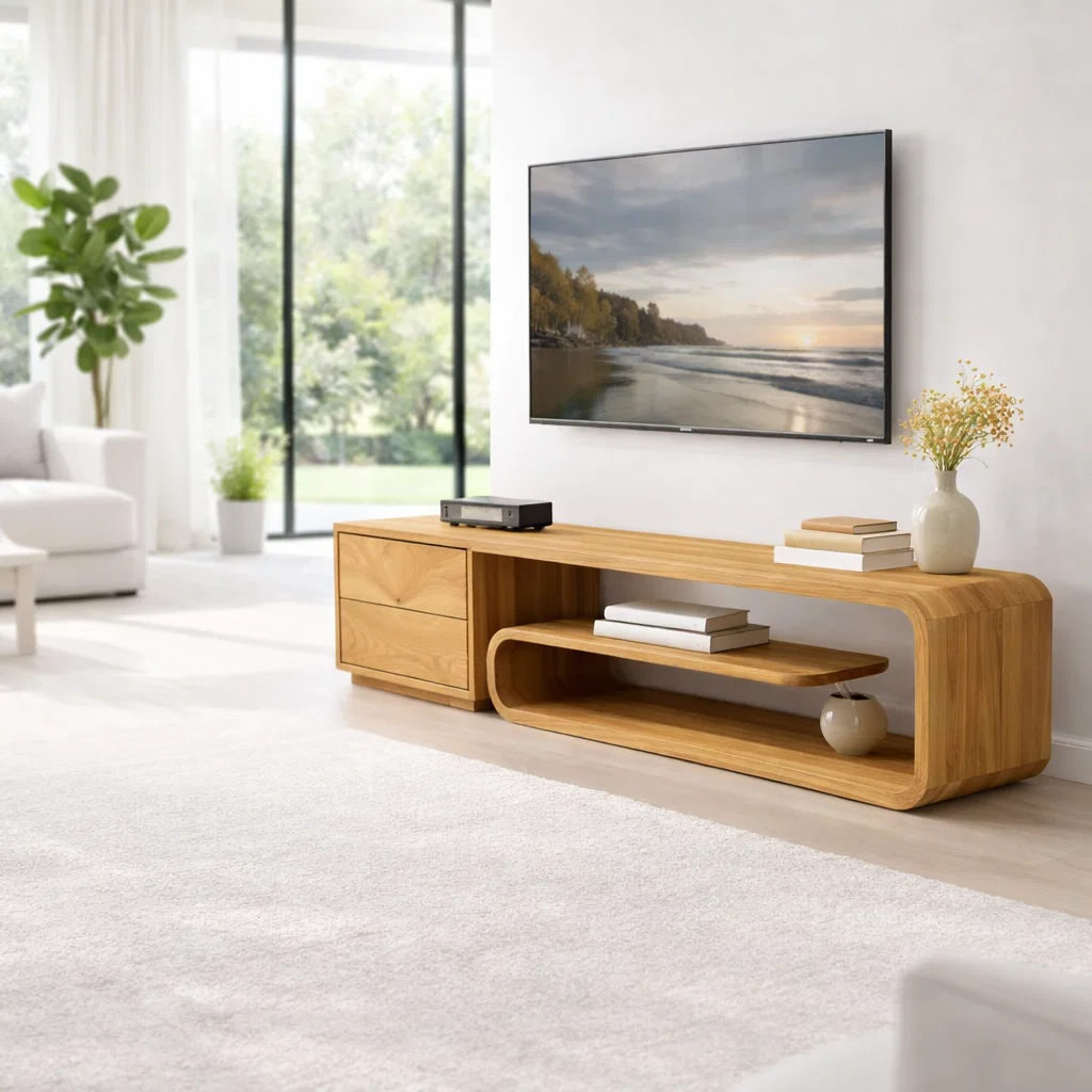 Solid Wood Media Console with Curved Shelf & Drawer, Modern Low TV Stand