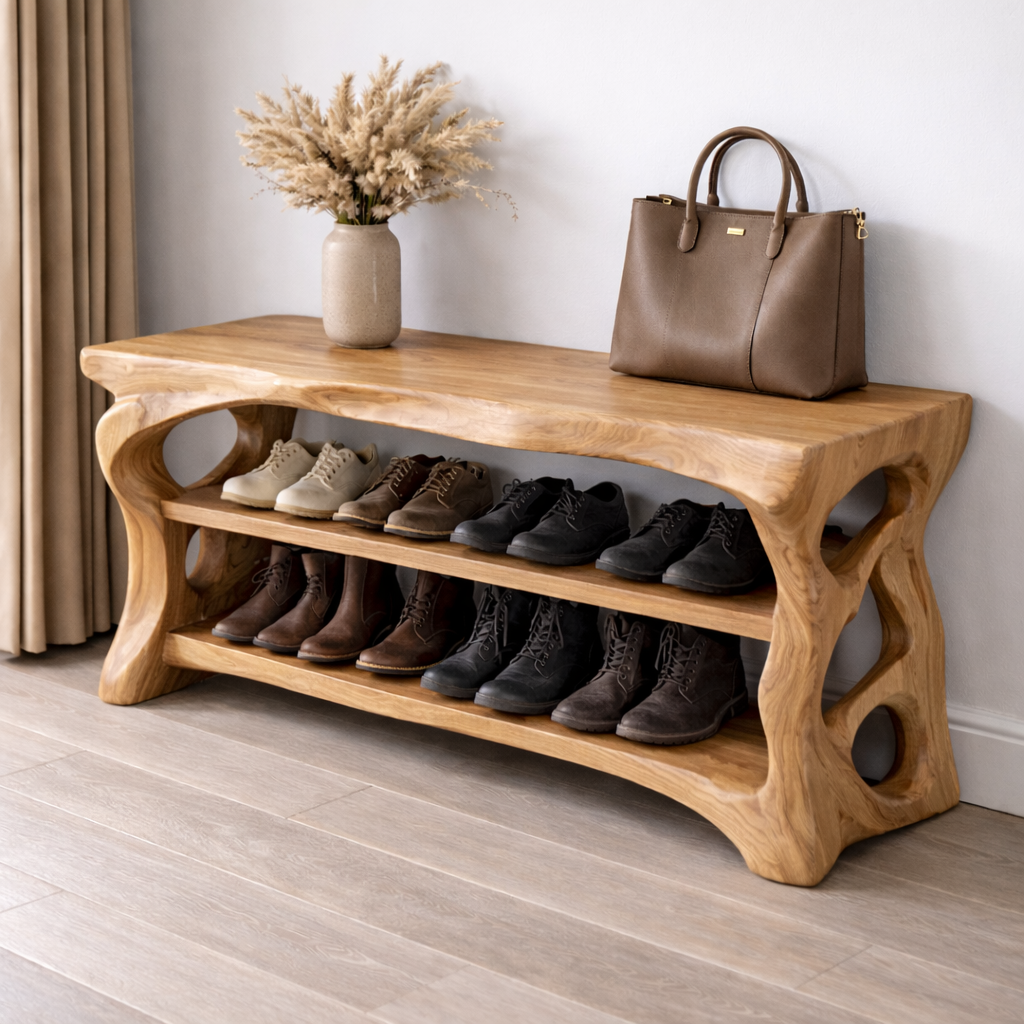 Solid Wood Entryway Bench with Shoe Storage Shelf – Rustic Natural Wood Shoe Rack