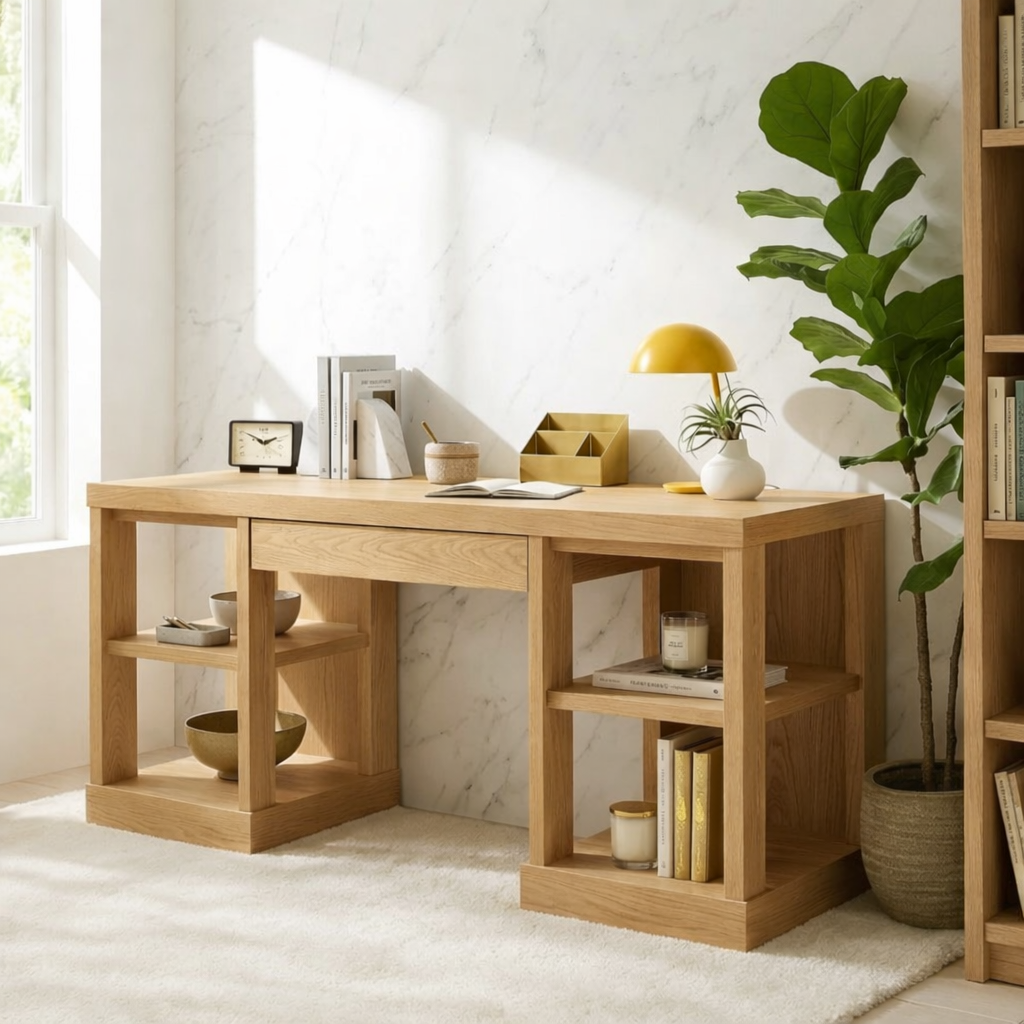 Modern Home Office Desk with Open Shelves Storage Writing Table Workspace Organizer