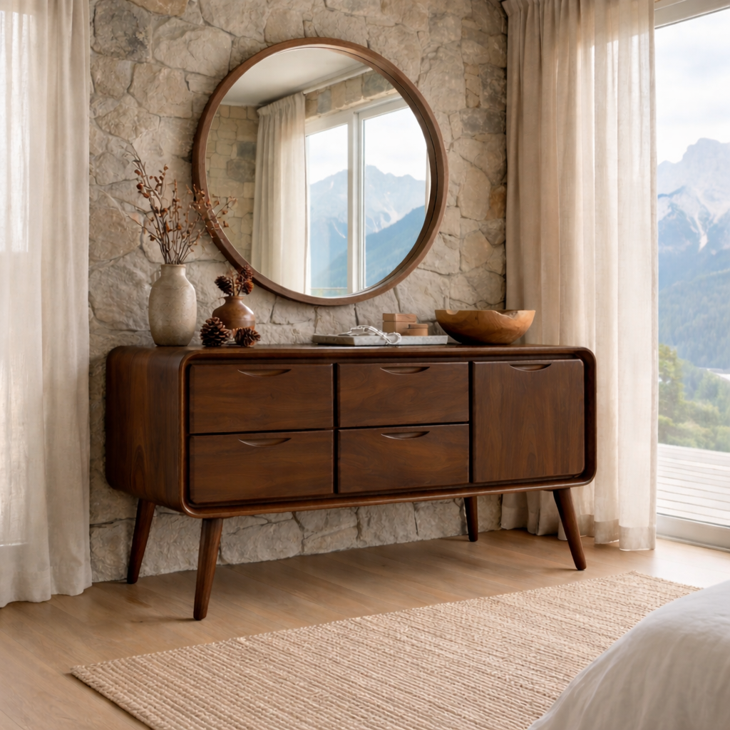 Solid Wood Makeup Vanity with 4 Drawers | Mid-Century Modern Design for Bedroom