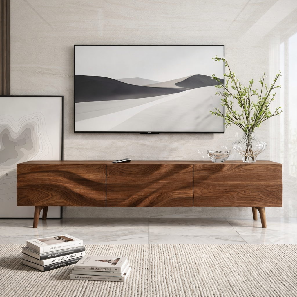 Solid Wood TV Stand, Natural-Grain Mid-Century Media Console Entertainment Center